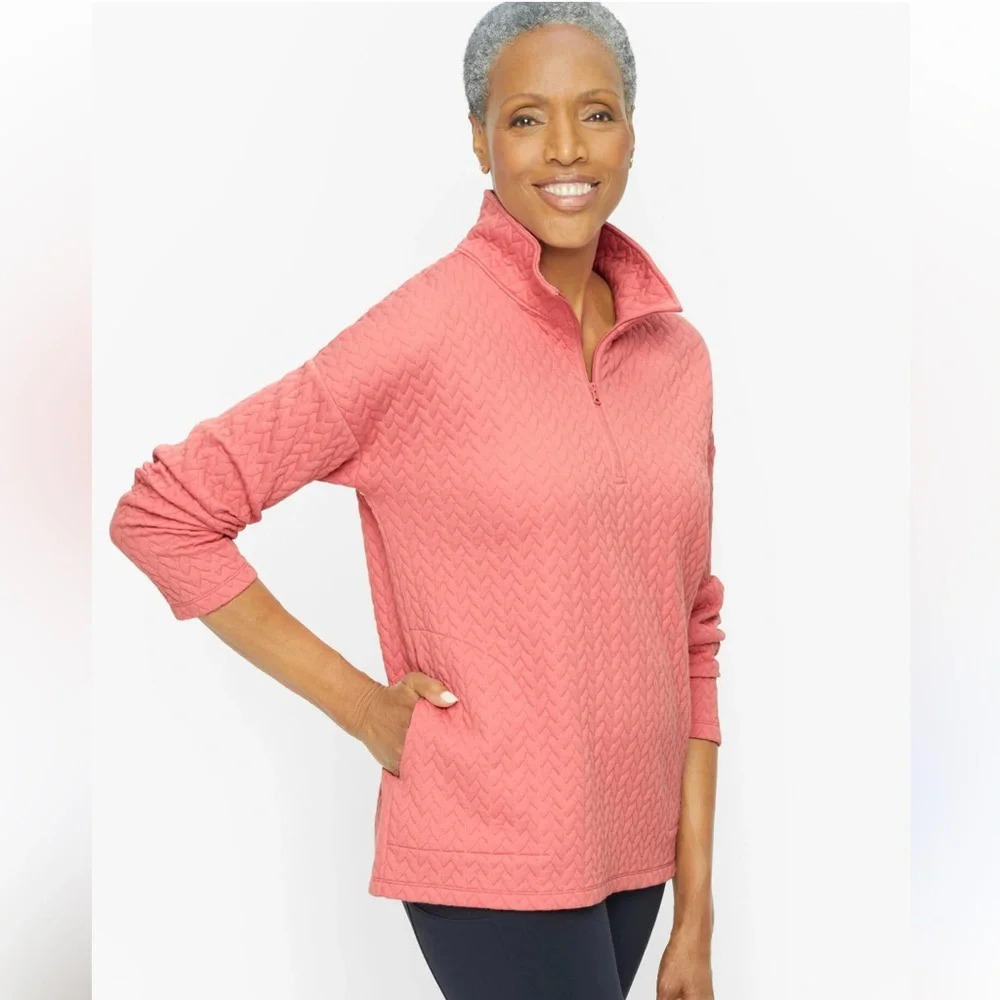 TALBOTS QUILTED JACQUARD ZIP MOCKNECK PULLOVER SIZE LARGE PETITE